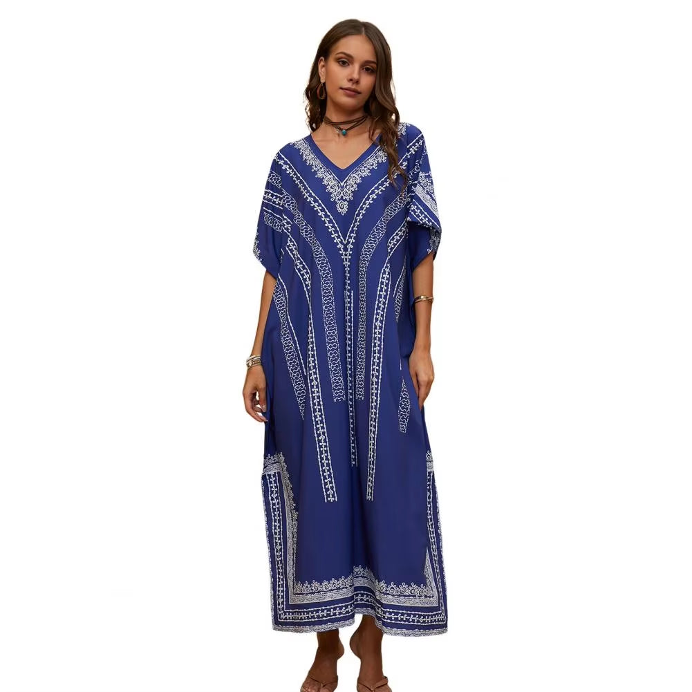 Bikini Cover up Dress Ethnic Print Cover up Ethnic Style Pattern V-Neck Beach Dress Loose Fit Robe with Side Slit Bikini for A