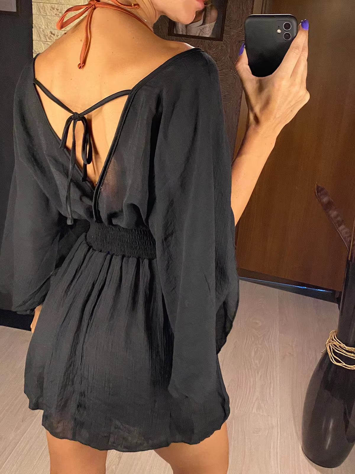 New Sexy V Neck Long Sleeve Backless Chiffon Tunic Beach Cover up Beach Cover-Ups Beach Dress Beach Wear Beachwear V3840