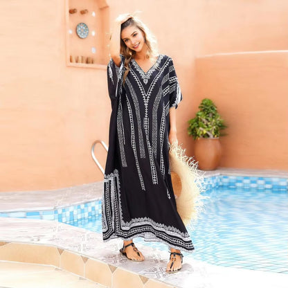 Bikini Cover up Dress Ethnic Print Cover up Ethnic Style Pattern V-Neck Beach Dress Loose Fit Robe with Side Slit Bikini for A