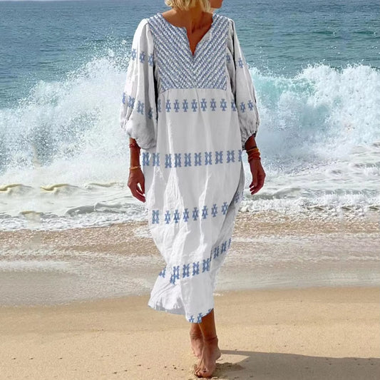 Women V-Neck Long Dress Silhouette Dress Bohemian Style Printed Midi Dress with Three Quarter Sleeves V Neck Summer Lady Loose