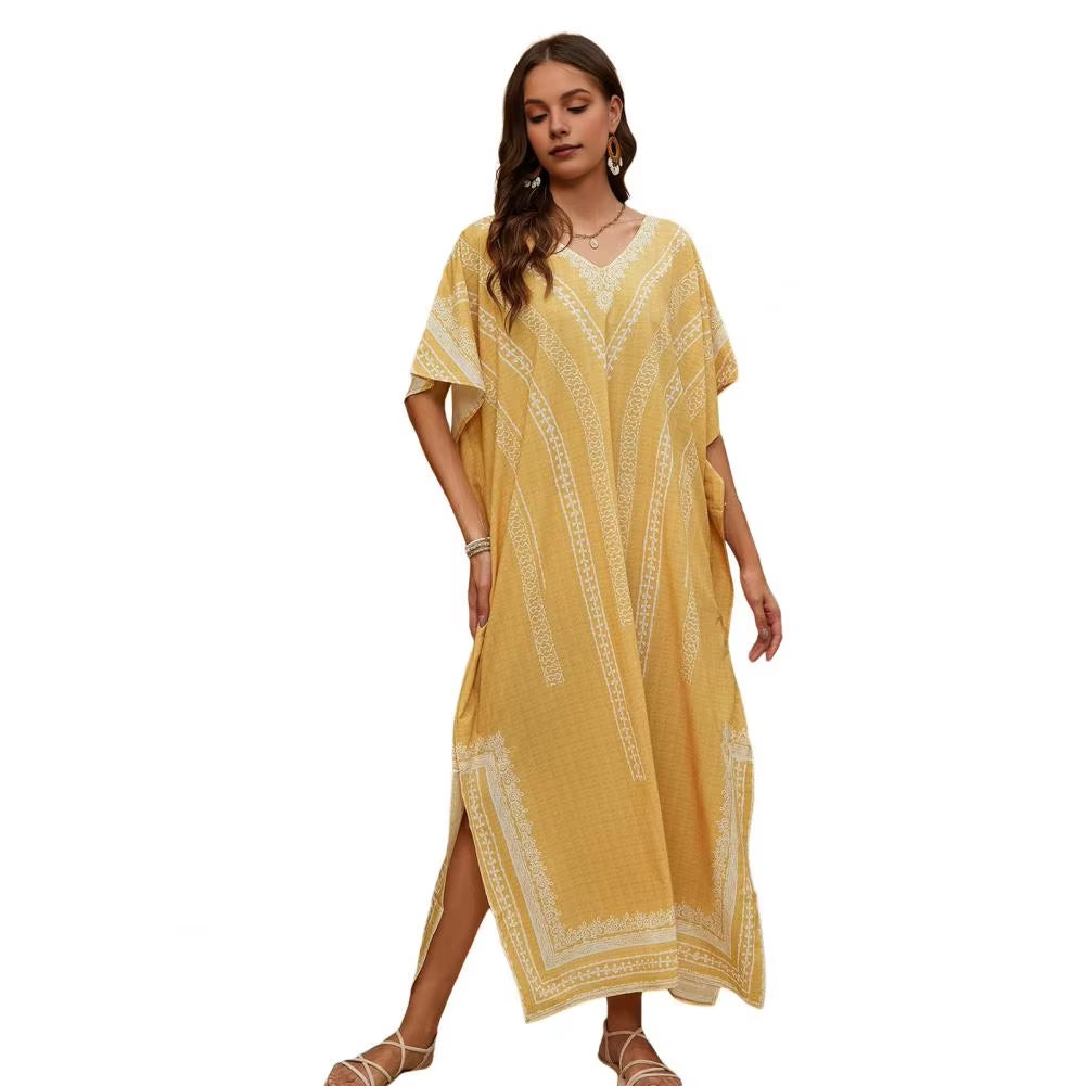 Bikini Cover up Dress Ethnic Print Cover up Ethnic Style Pattern V-Neck Beach Dress Loose Fit Robe with Side Slit Bikini for A