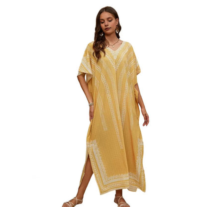 Bikini Cover up Dress Ethnic Print Cover up Ethnic Style Pattern V-Neck Beach Dress Loose Fit Robe with Side Slit Bikini for A