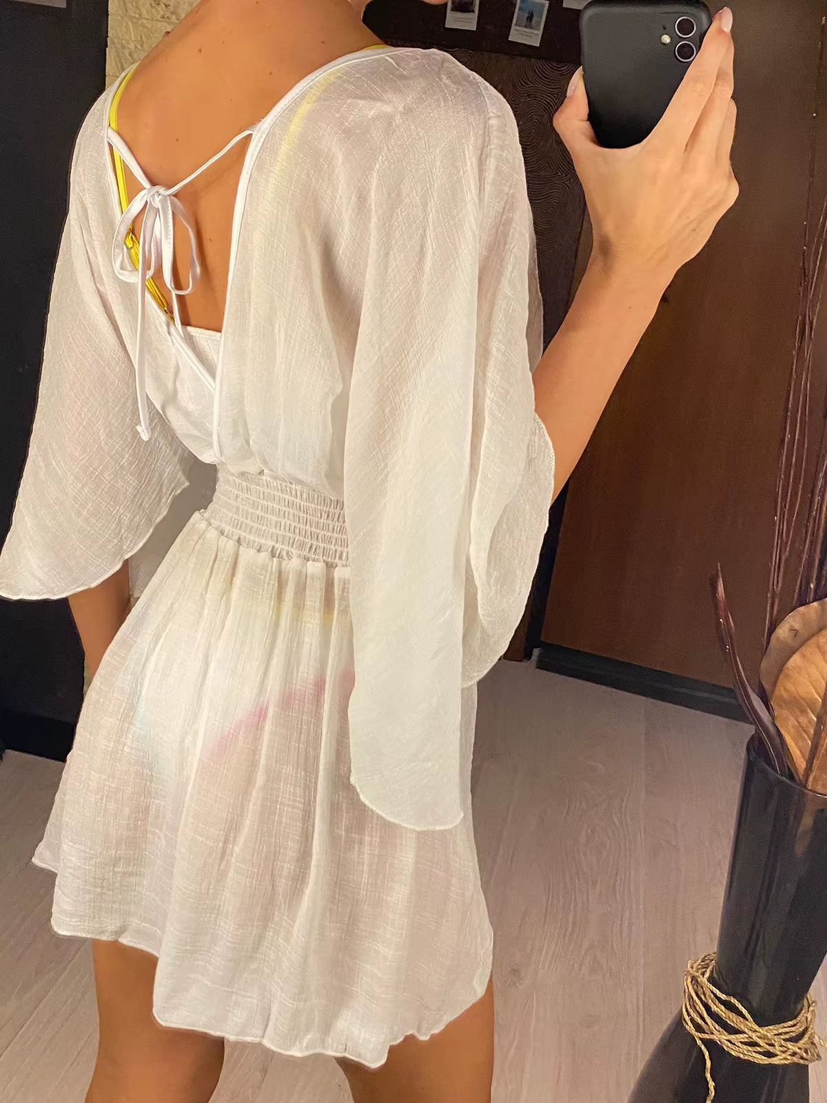 New Sexy V Neck Long Sleeve Backless Chiffon Tunic Beach Cover up Beach Cover-Ups Beach Dress Beach Wear Beachwear V3840