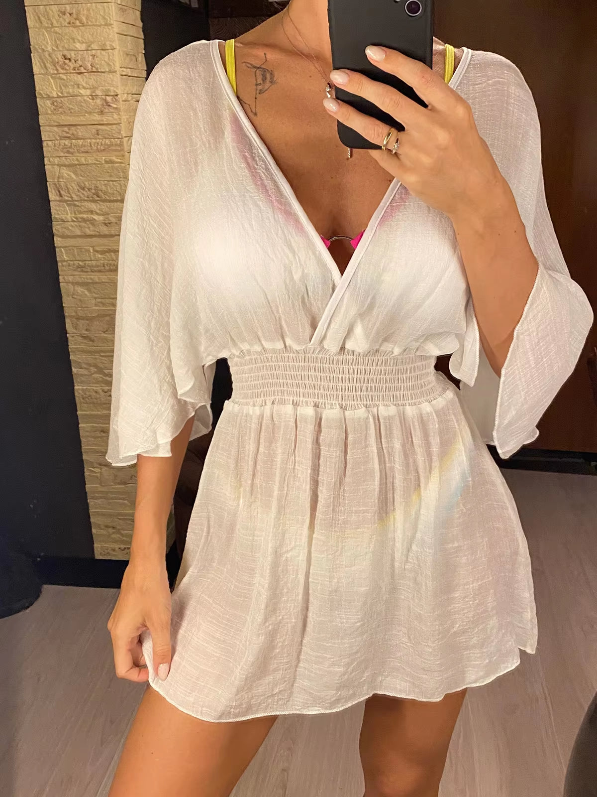 New Sexy V Neck Long Sleeve Backless Chiffon Tunic Beach Cover up Beach Cover-Ups Beach Dress Beach Wear Beachwear V3840